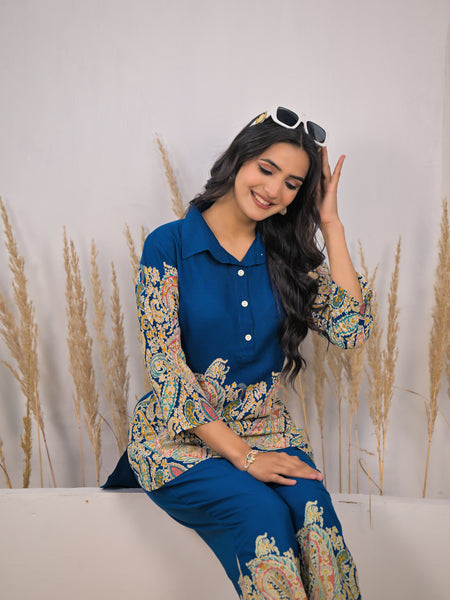 Blue Paisley Rayon Co-ord Set Sitting