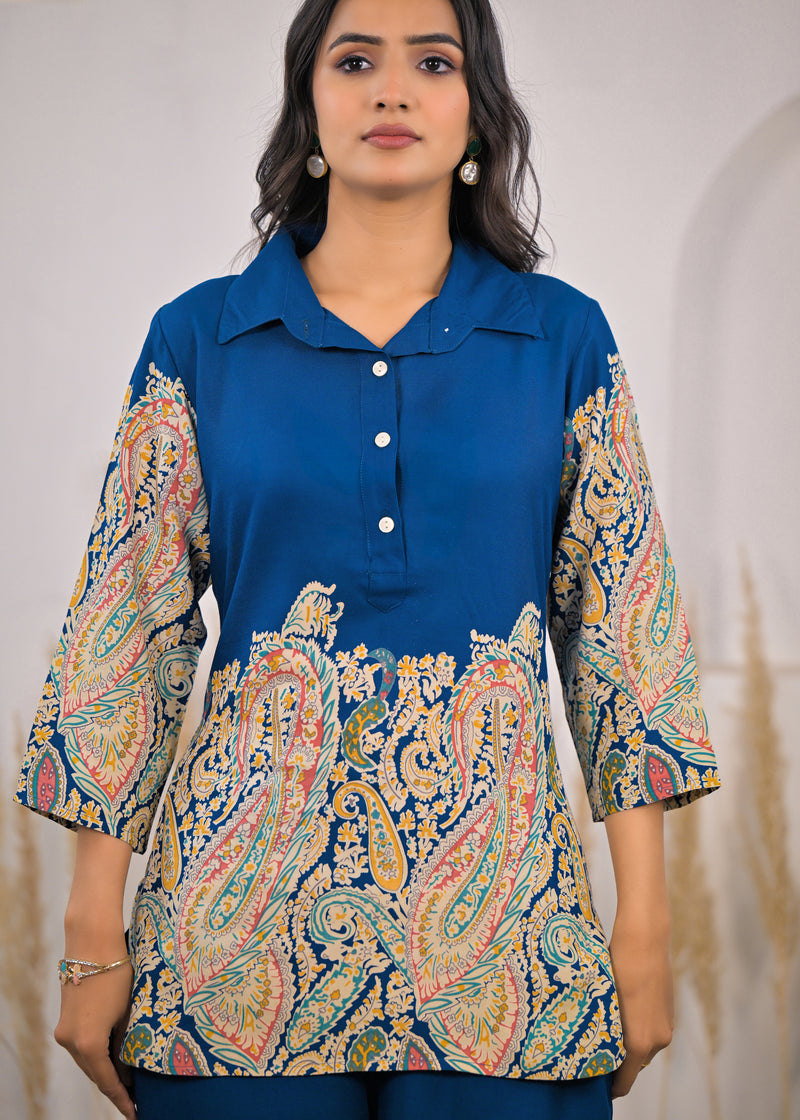 Blue Paisley Rayon Co-ord Set Close View
