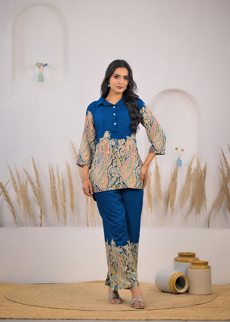Blue Paisley Rayon Co-ord Set Front