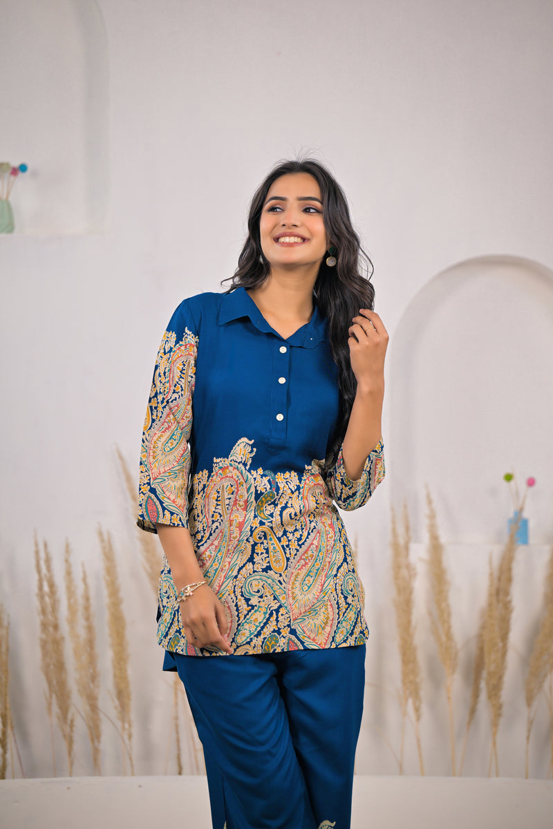 Blue Paisley Rayon Co-ord Set Image