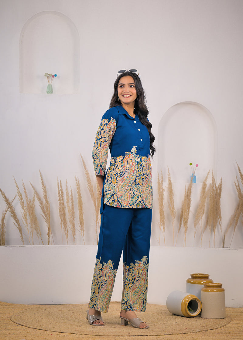 Blue Paisley Rayon Co-ord Set standing