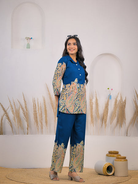 Blue Paisley Rayon Co-ord Set standing