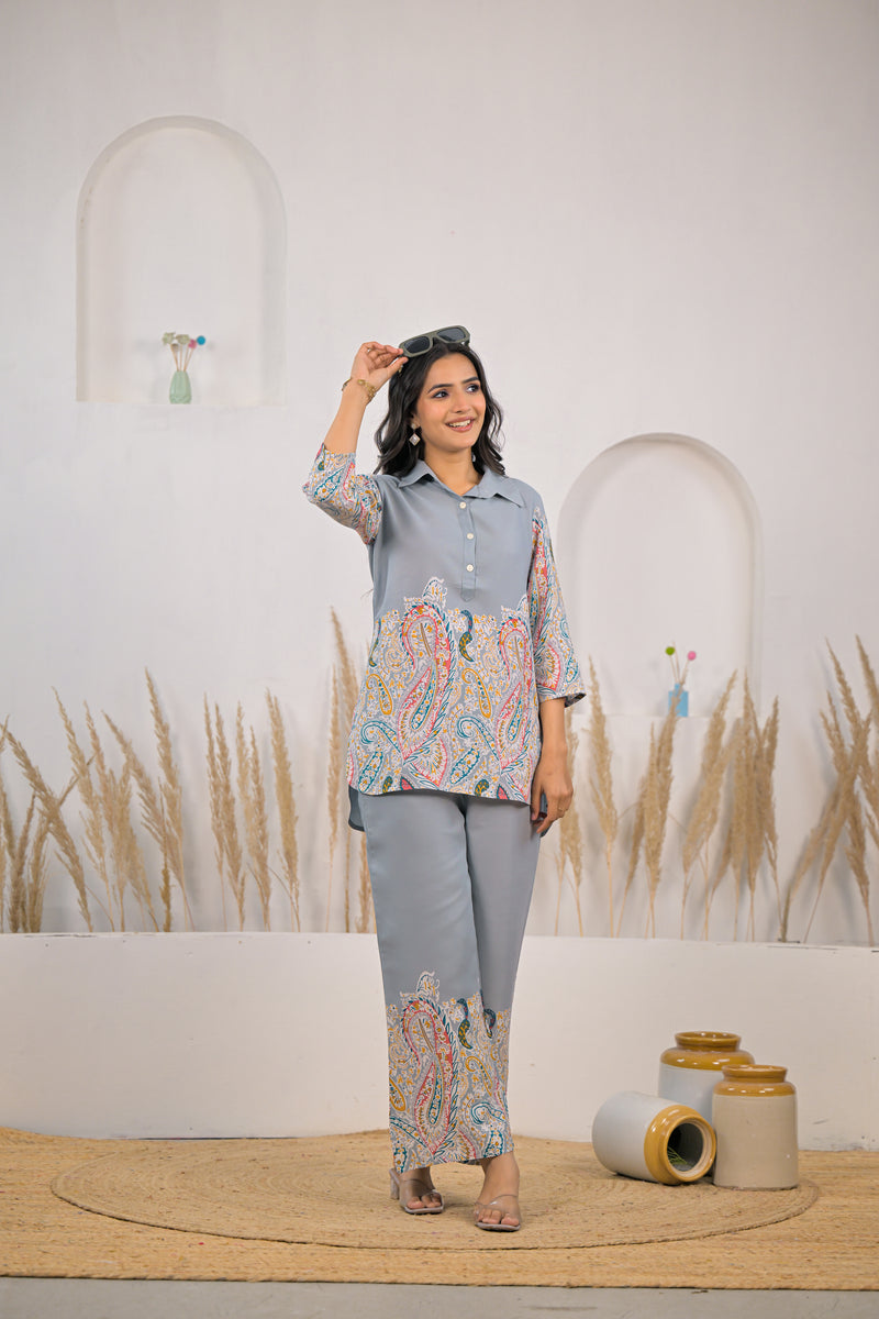 Light grey rayon printed co ord set for women
