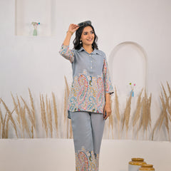 Light grey rayon printed co ord set for women
