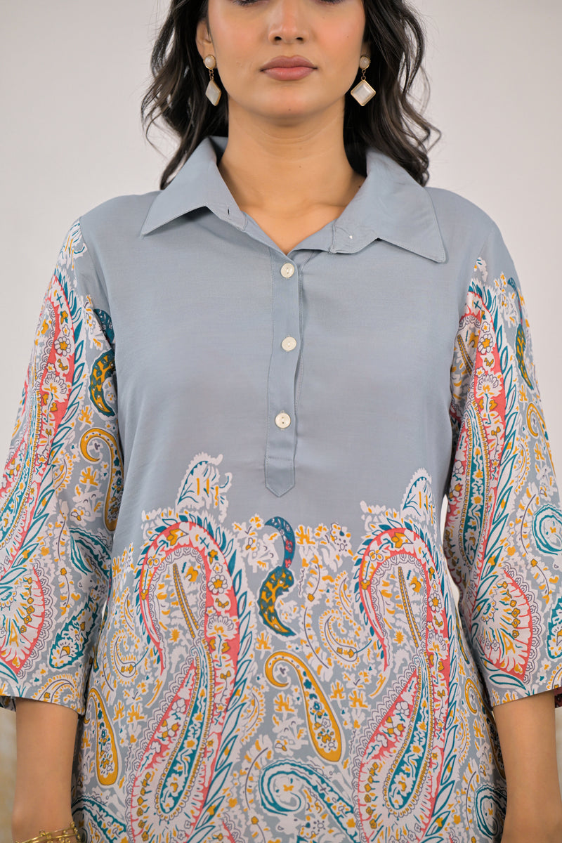 Stylish printed rayon co ord set front view
