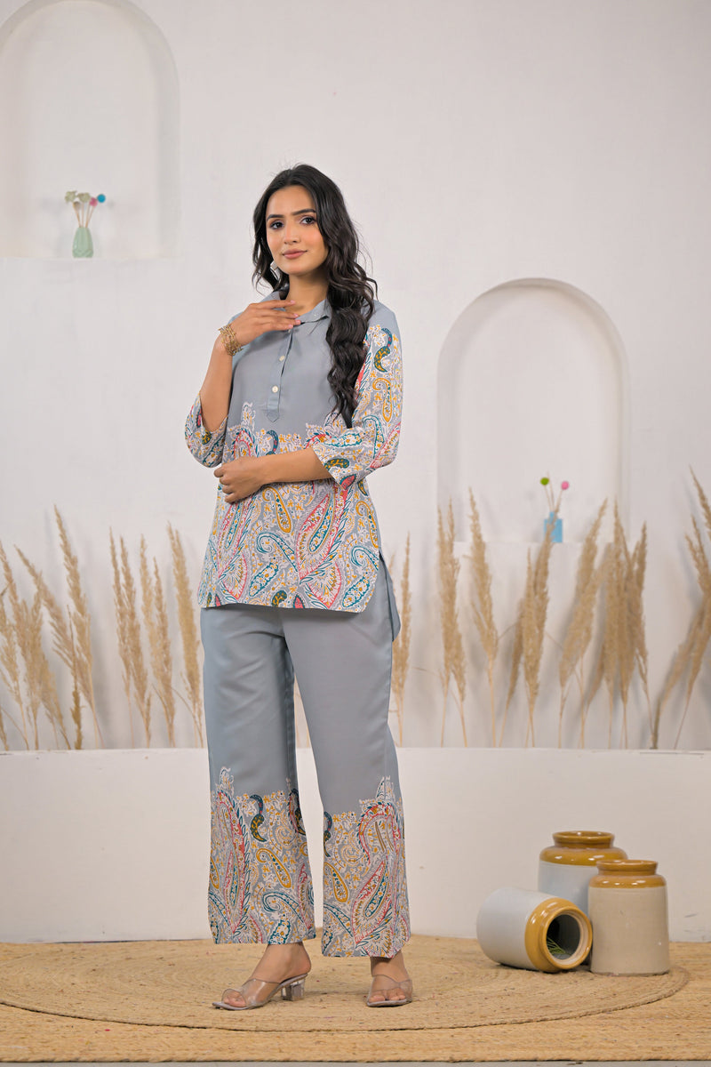 Soft rayon light grey co ord set women
