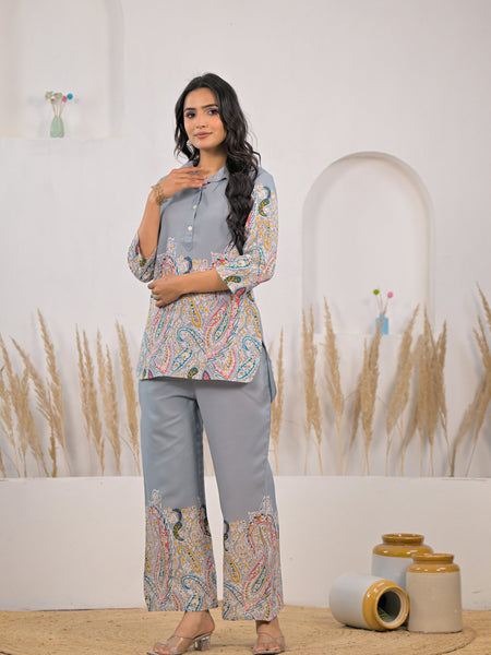 Soft rayon light grey co ord set women
