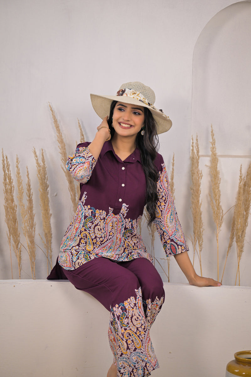 Maroon Rayon Co-ord Set Sitting