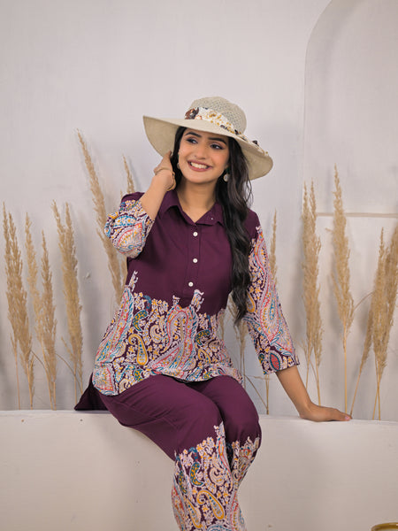 Maroon Rayon Co-ord Set Sitting