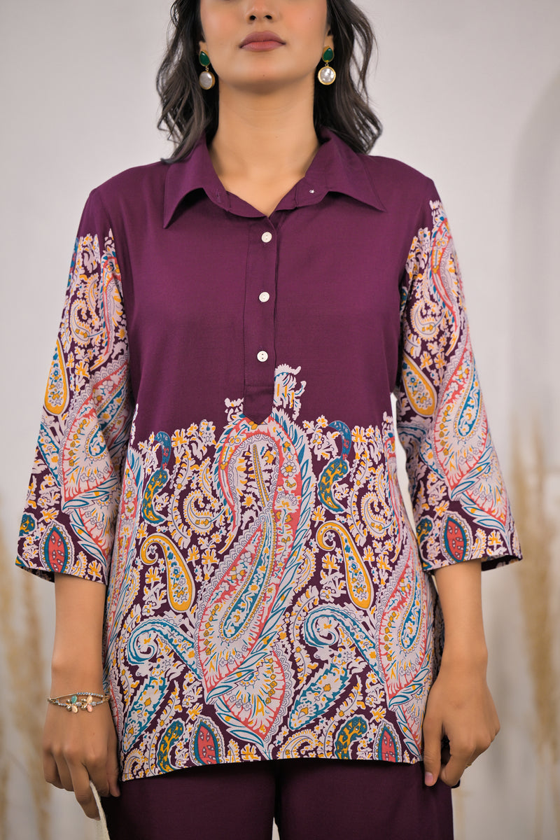 Maroon Paisley Rayon Co-ord Set Close View