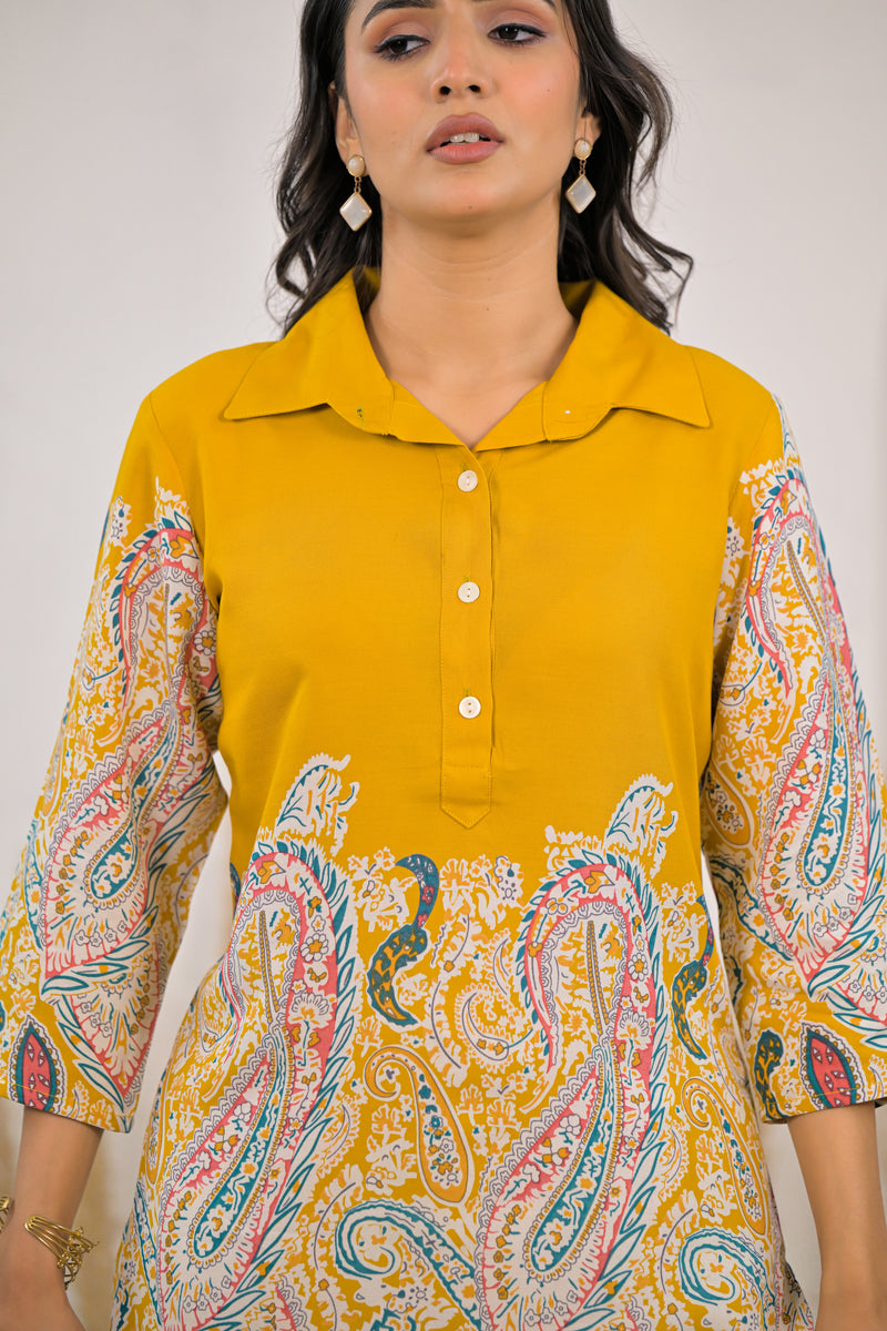 Women rayon co ord set kurti and pant mustard
