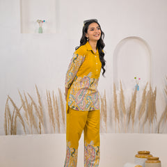 Stylish printed rayon co ord set mustard color
