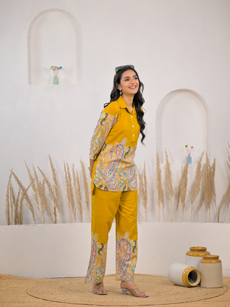 Stylish printed rayon co ord set mustard color
