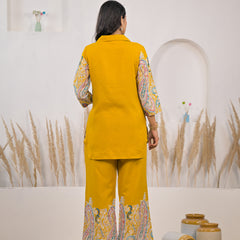 Light mustard rayon printed co ord set for women

