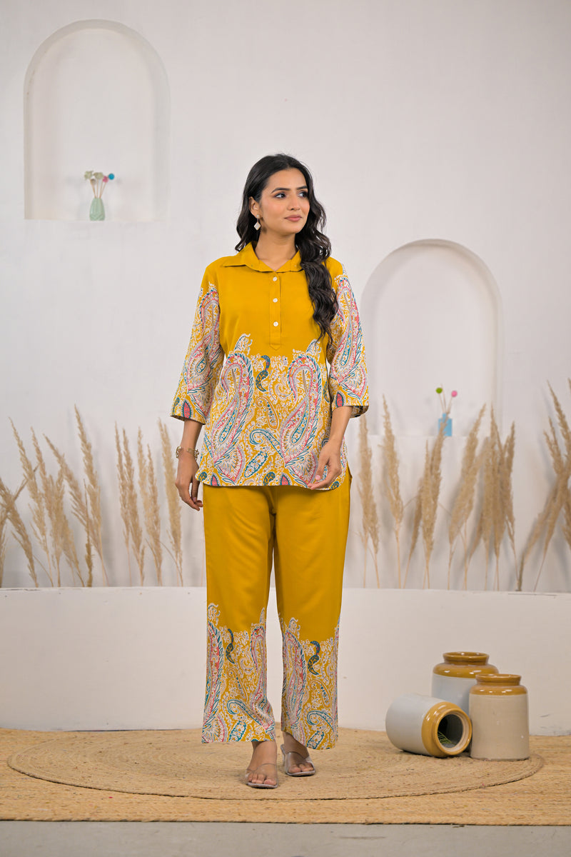 Soft rayon mustard co ord set women
