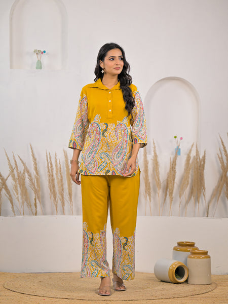 Soft rayon mustard co ord set women
