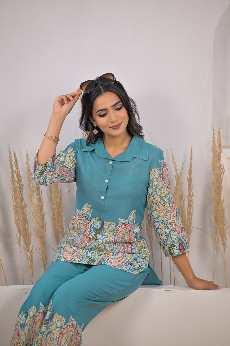 Ethnic printed kurti pant co ord set female
