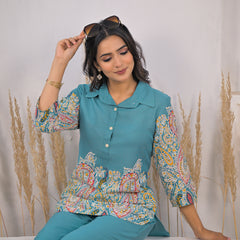 Ethnic printed kurti pant co ord set female
