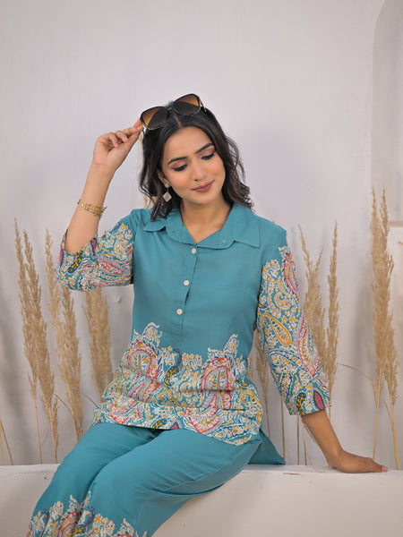 Ethnic printed kurti pant co ord set female
