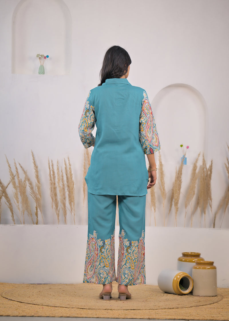 Turquoise rayon printed co ord set for female