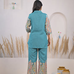 Turquoise rayon printed co ord set for female