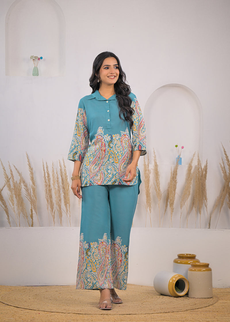 Soft rayon turquoise co ord set female
