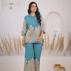 Soft rayon turquoise co ord set female
