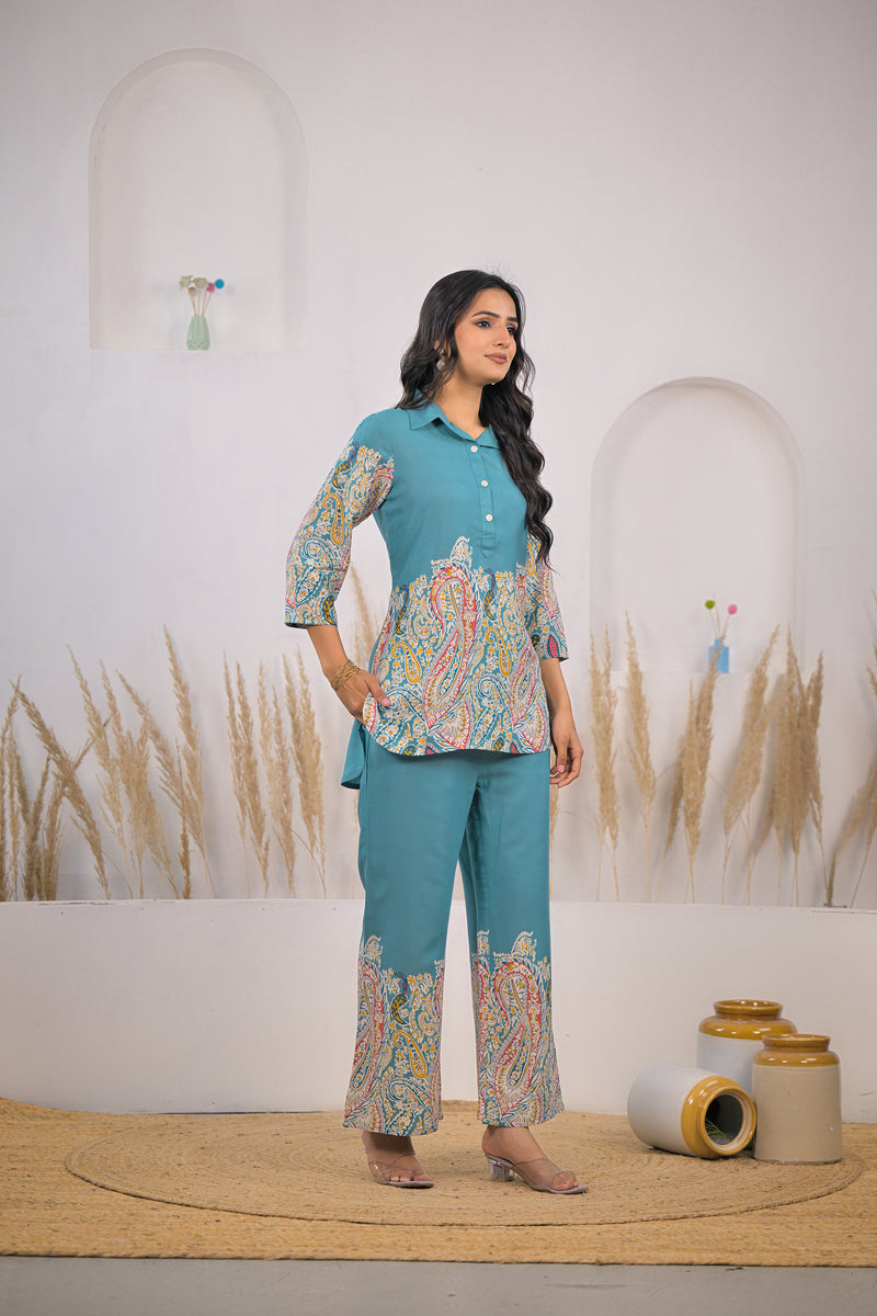 Female rayon co ord set kurti and pant turquoise
