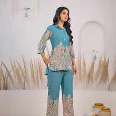 Female rayon co ord set kurti and pant turquoise
