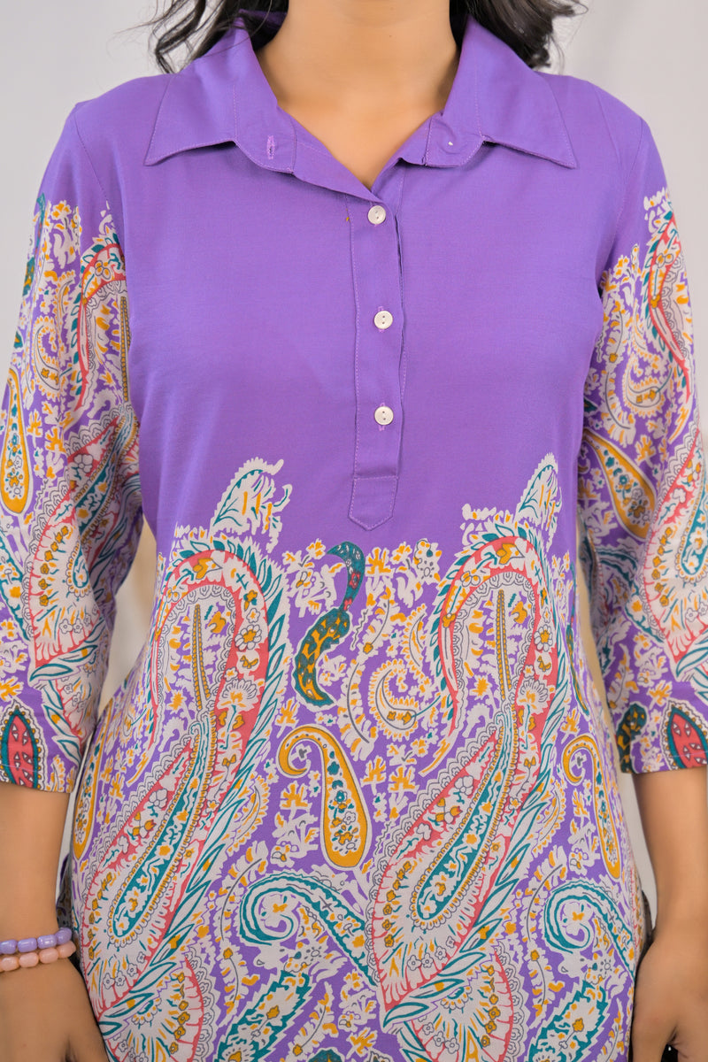 Violet rayon printed co ord set for girl
