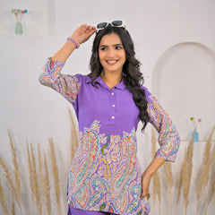 Stylish printed rayon co ord set violet color
