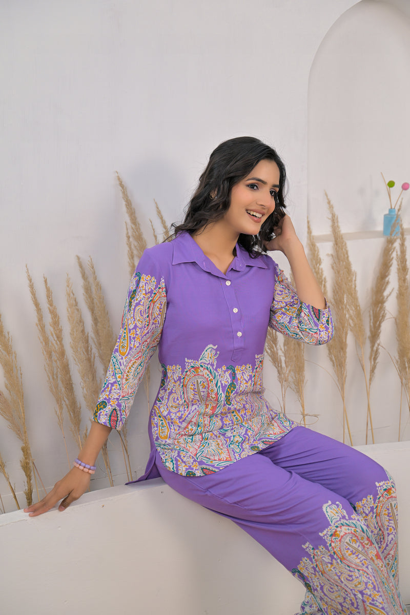 Soft rayon violet co ord set girl
