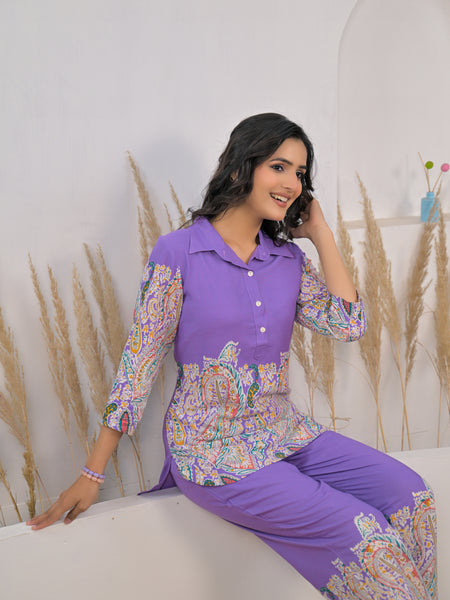 Soft rayon violet co ord set girl
