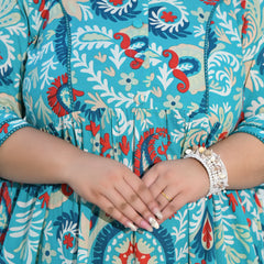 Turquoise Cotton Printed Calf-Length Dress (Plus Size)