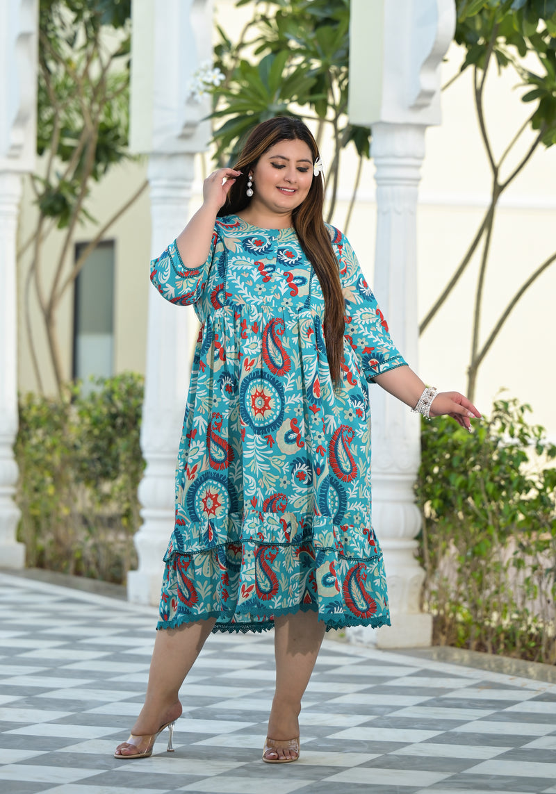 Turquoise Cotton Printed Calf-Length Dress (Plus Size)