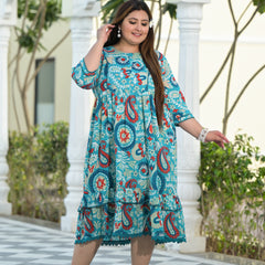Turquoise Cotton Printed Calf-Length Dress (Plus Size)