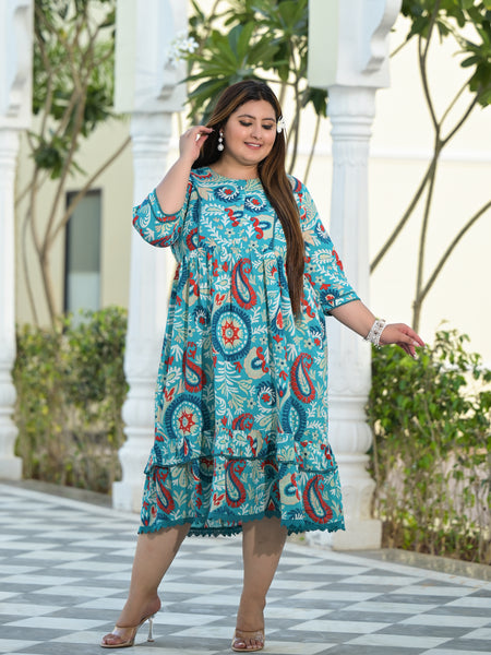 Turquoise Cotton Printed Calf-Length Dress (Plus Size)