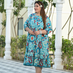 Turquoise Cotton Printed Calf-Length Dress (Plus Size)
