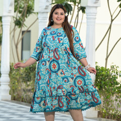 Turquoise Cotton Printed Calf-Length Dress (Plus Size)