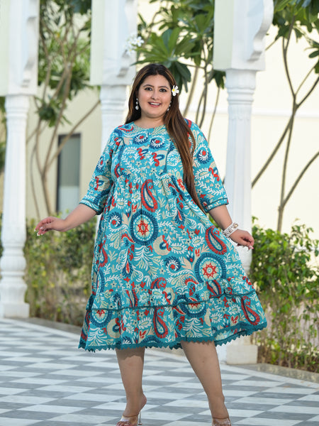 Turquoise Cotton Printed Calf-Length Dress (Plus Size)