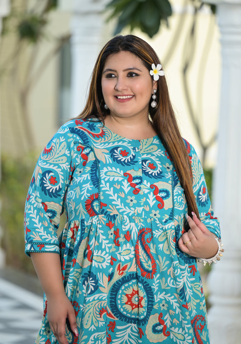 Turquoise Cotton Printed Calf-Length Dress (Plus Size)