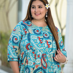 Turquoise Cotton Printed Calf-Length Dress (Plus Size)