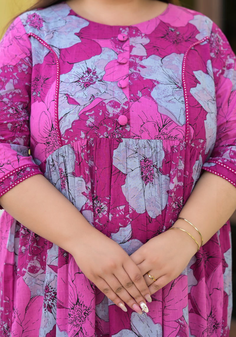 Violet Cotton Printed Calf-Length Dress (Plus Size)