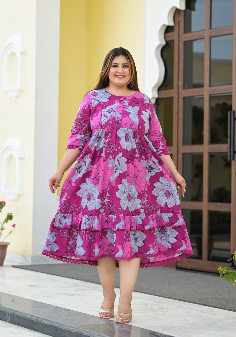 Violet Cotton Printed Calf-Length Dress (Plus Size)