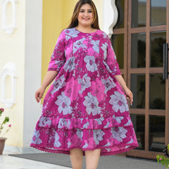 Violet Cotton Printed Calf-Length Dress (Plus Size)