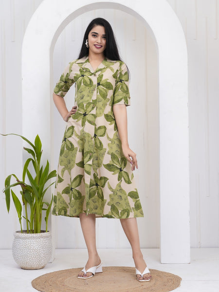 Leafy Green Printed A-Line Midi Dress