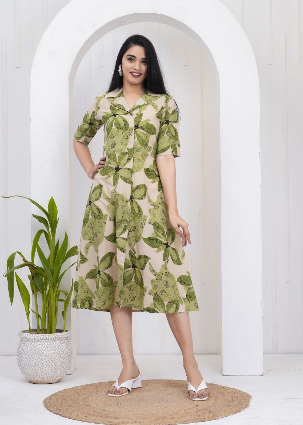 Leafy Green Printed A-Line Midi Dress