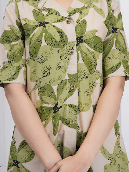 Leafy Green Printed A-Line Midi Dress