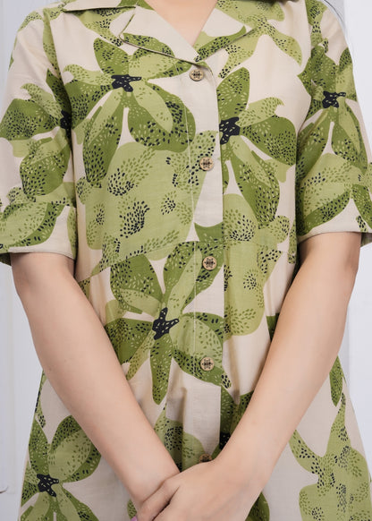 Leafy Green Printed A-Line Midi Dress