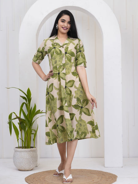 Leafy Green Printed A-Line Midi Dress